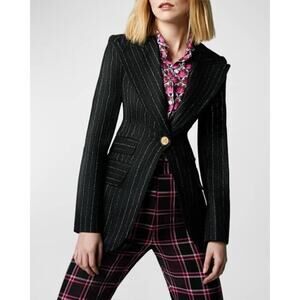 Smythe Birkin Pinstripe Virgin Wool Fitted Cutaway Blazer Jacket In Black size 6